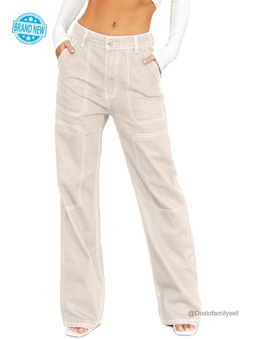 Mid Rise Stretch Wide Leg Cargo Jeans with Pockets